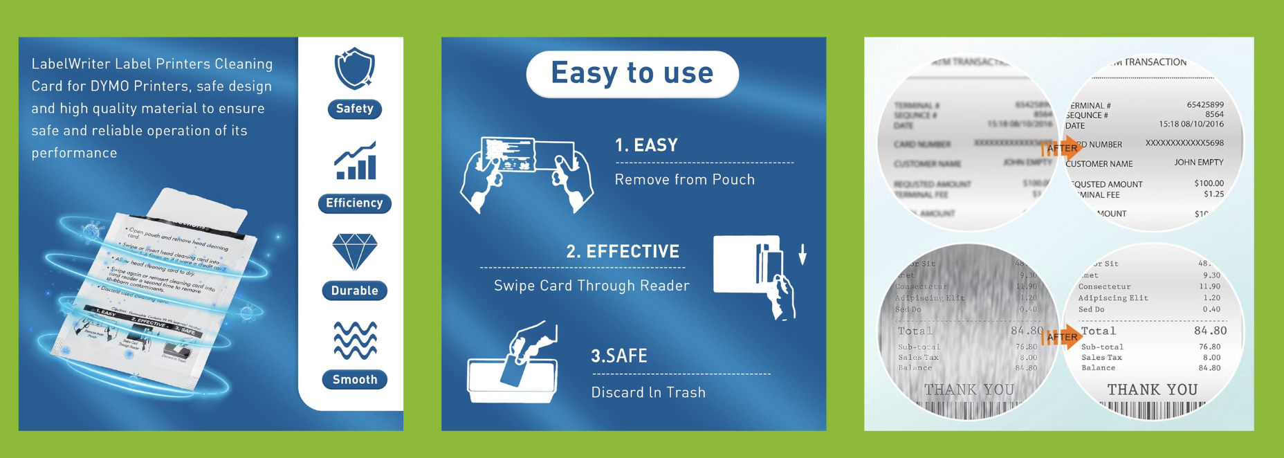 LabelWriter label printer cleaning card for DYMO printers, designed for safe and efficient maintenance. The infographic highlights key benefits such as safety, efficiency, durability, and smooth operation. Instructions for use include removing the card from the pouch, swiping it through the printer, and discarding it. Before-and-after comparison images show improved print quality after cleaning.